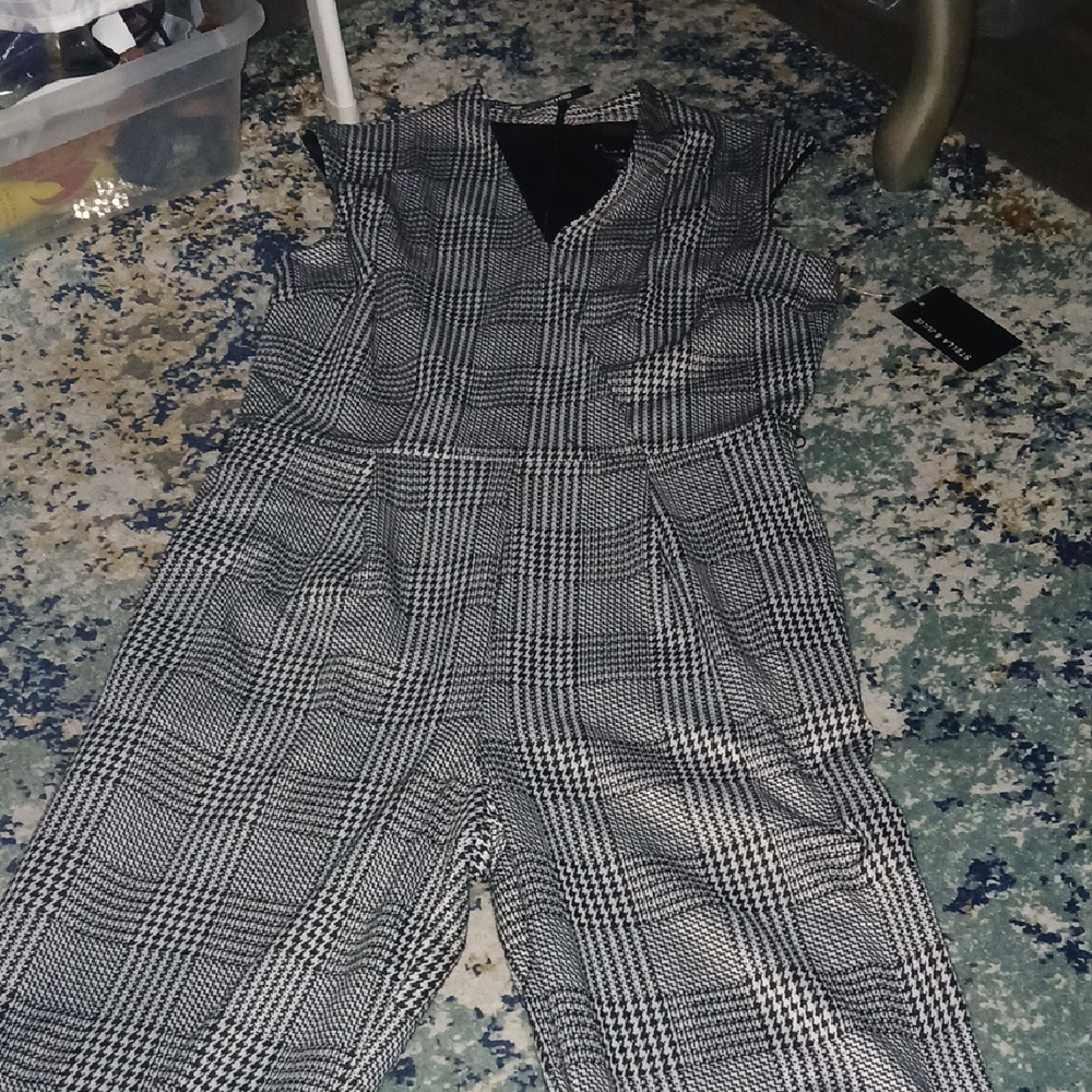 Black and White Glen Plaid Jumpsuit with Wide-Leg Pants